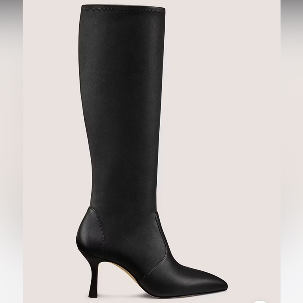 Stuart Weitzman Black Knee-High Leather Pointed-Toe Heeled Boots